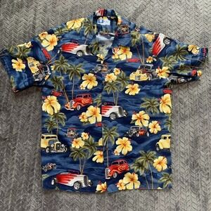 RJC Men's 2XL Hawaiian Shirt Made In USA Floral Palms Hot Rods Button Up Blue